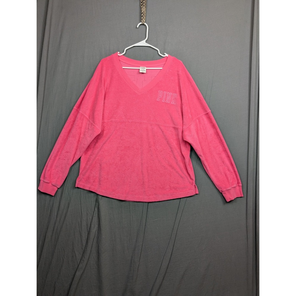 PINK Victoria's Secret Pink Terry Cloth V-Neck Varsity Pullover Sweatshirt Large